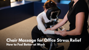 A massage therapist provides a chair massage to a woman seated in an ergonomic massage chair in a modern office setting. This image highlights SKP's services for chair massage for office stress relief.